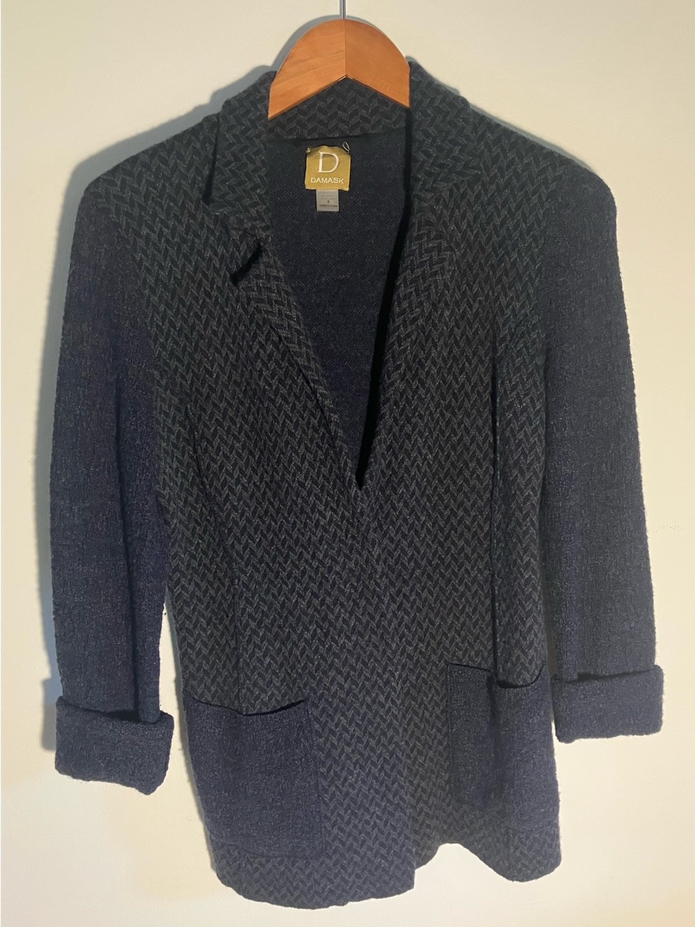 Damask Textured Wool, Cotton, Cashmere Knit Herringbone Sweater Blazer. Size S